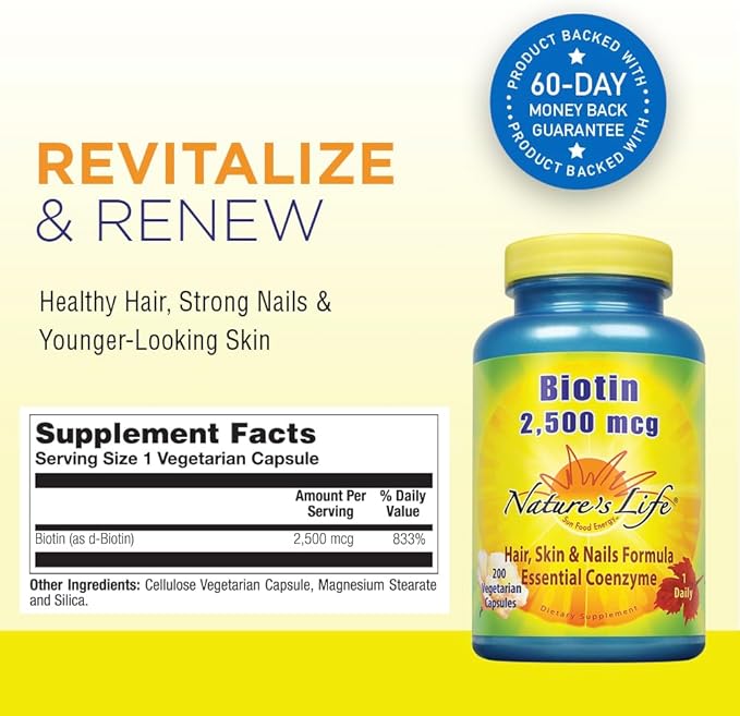 Nature's Life Biotin 2500mcg | Healthy Hair Skin Nail &amp Metabolism Support | Non-GMO | 200 Vegetable Capsules