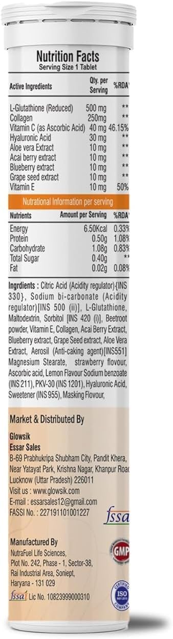 Glowsik Glutathione Effervescent Tablets for Skin Health 600mg Glutathione Reduced with Vitamin C for Lightening Antioxidants Supplements for Glowing Skin Health Orange Flavour (4 Orange)