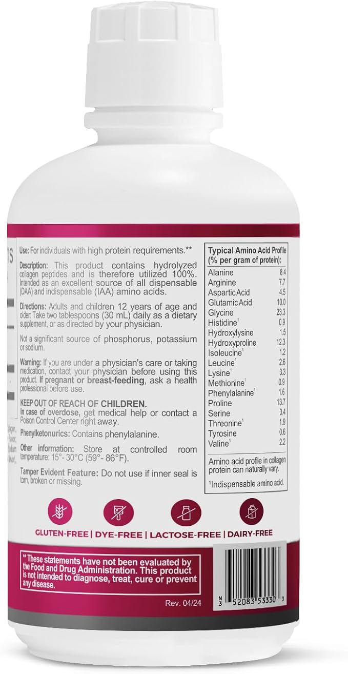 PreProtein 15 Liquid Hydrolyzed Collagen Peptides – Sugar Free Cherry Flavor Drink – 15g Protein Amino Acid Supplement for Bariatric Recovery Joint Support &amp Wound Care – 30oz