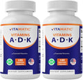 Vitamatic ADK Vitamin Supplement 180 Veg Capsules High Potency Vitamins A D3 K2 for Bone Health Calcium Absorption Non-GMO Gluten Free - 2 Pack