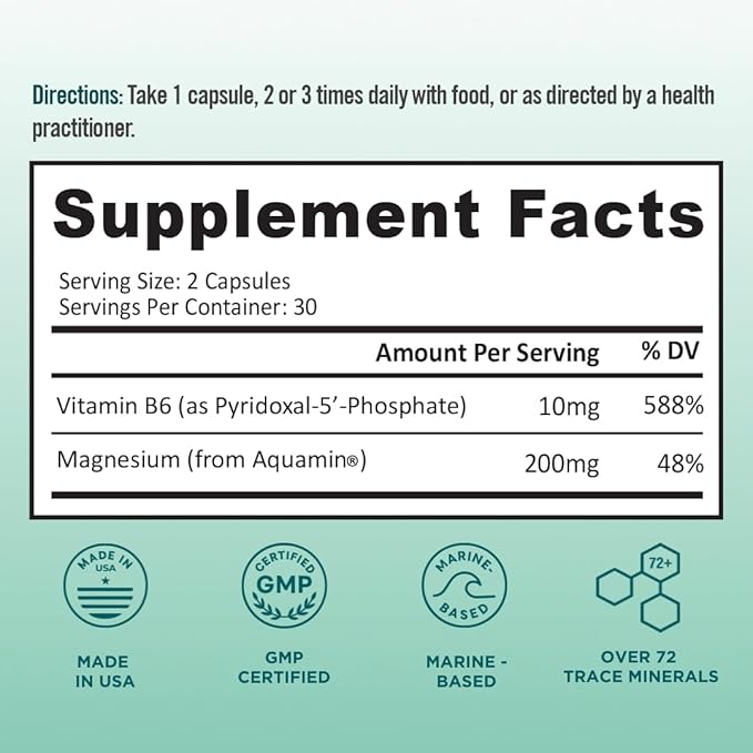 Ocean Magnesium 200mg Aquamin | More Soluble Than Magnesium Glycinate | Whole Food Mag B6 Supplement for Women | Gentle on Stomach &amp Vegan | Sleep Support Calms Nerves &amp Leg Cramps | 60 Ct