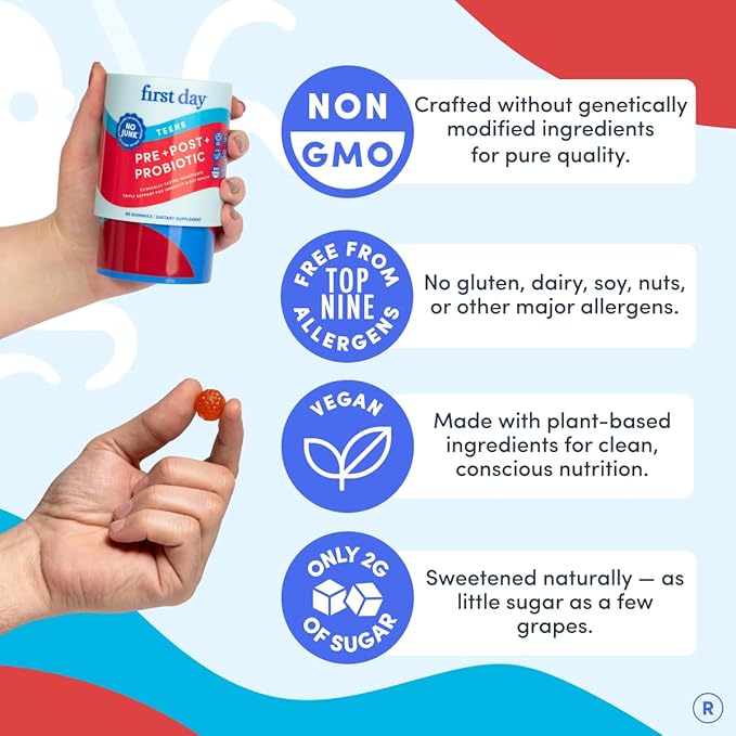 FIRST DAY Teens’ Gut Sustainer Tribiotic Gummies – 3-in-1 Prebiotic Probiotic &amp Postbiotic Supplement – Supports Digestive Skin Oral &amp Immune Health Nutrient Absorption &amp Growth – 30-D