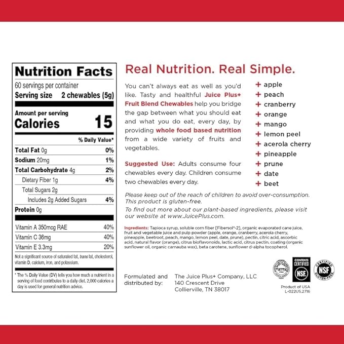 Juice Plus+ Fruit Vegetable &amp Berry Blend Soft Chews (Chewables) - 30 Plant-Based Ingredients! Vegan Gummies for Kids &amp Adults - Gluten-Free Non-GMO No HFCS - Prepacked 3 Pouches (30 Chews