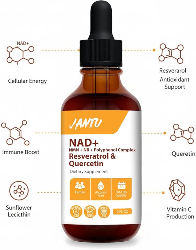 Jantu NAD+ Resveratrol and Quercetin Supplement 2 FL OZ Liquid Tincture with L-Ascorbic Acid 30-Day Supply Alcohol-Free Dietary Supplement