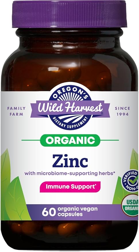 Oregon’s Wild Harvest Zinc – USDA Certified Organic Vegan Capsules for Immune Support with Microbiome-Supporting Herbs – Non-GMO 60 Count