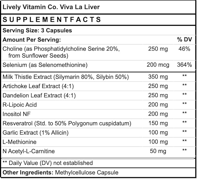 LIVELY VITAMIN CO. Viva La Liver - Improved Function - Liver Cleanse - Detox - Eliminate Toxins &amp Waste - Cognitive Brain Function - Immune Support - Mental Clarity - 90 Capsules