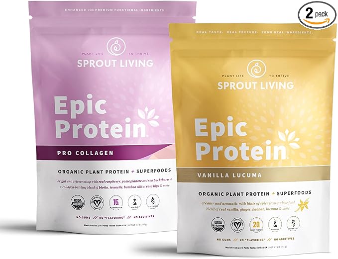 Sprout Living Epic Protein Bundle - Vanilla Lucuma &amp Pro Collagen (20g Organic Plant-Based Protein Powder Vegan Gluten Free Superfoods) | 1lb 12 Servings