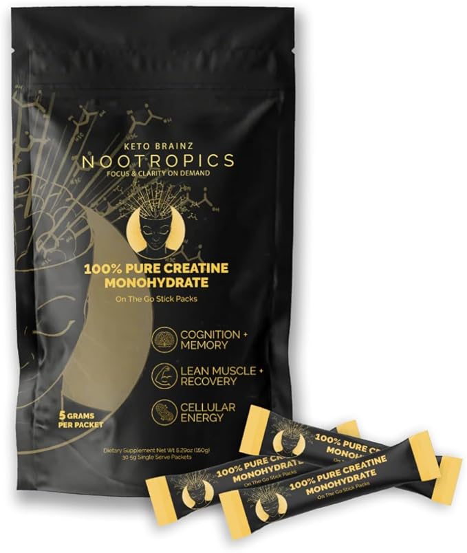 Nootropics 5g Creatine Travel Packs 30 Single-Serve Stick Packs Pure Creatine Monohydrate Portable Pre-Measured Powder
