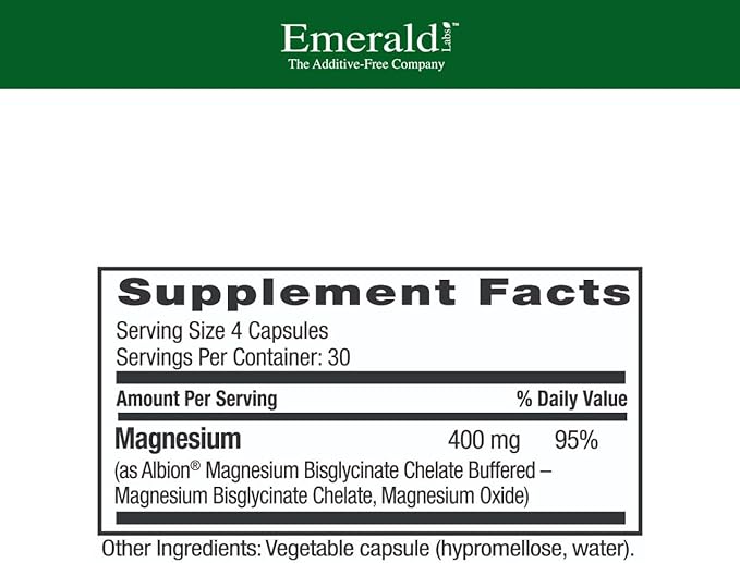Emerald Labs Magnesium 400mg - Bone &amp Sleep Support with Albion Magnesium* - Vegan Friendly - 120 Vegetable Capsules (30-Day Supply)
