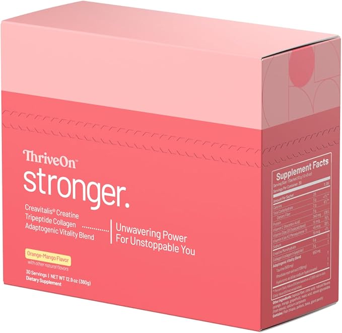 ThriveOn Stronger - Women's Creatine &amp Collagen Supplement for Midlife Support - Bone Muscle Cognitive &amp Energy Support* - Gluten-Free &amp Dairy-Free - Orange-Mango Flavor - 30 Count (30 S