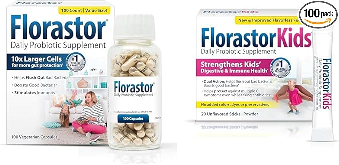 Florastor Family Probiotic Bundle - 100 ct. Probiotic for Digestive &amp Immune Health for Men &amp Women + 20 ct. Kids Daily Probiotic Unflavored Powder Sticks - Boost Good Bacteria &amp Flush Ou