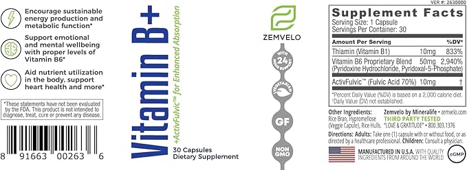 Vitamin B+ - Encourage Sustainable Energy Production | Support Healthy Immune System | Aid in Development of Seratonin and Dopamine | 30 Day Supply