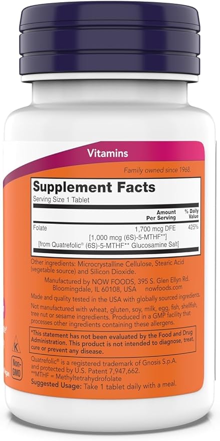 Now Supplements Methyl Folate 1000 mcg Metabolically Active Folate* Co-Enzyme B Vitamin 180 Tablets