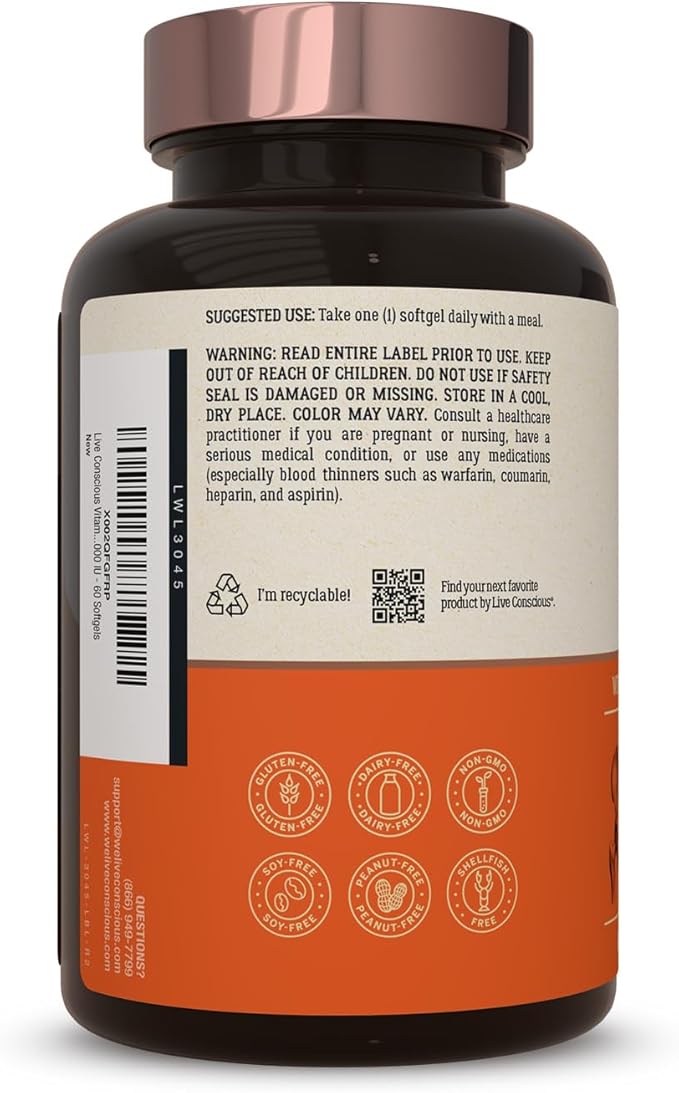 Live Conscious Vitamin K2 MK7 with D3 Supplement | Bone &amp Heart Health Support - Patented Vitamin K &amp Vitamin D3 5000 IU - 60 Softgels