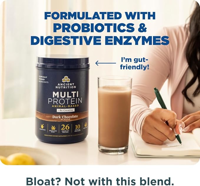Ancient Nutrition Multi Protein Animal Based Powder + Creatine 26g Protein Grass Fed Whey Bone Broth Collagen Peptides 5g Creatine Monohydrate Colostrum &amp Probiotics Dark Chocolate 15 Serv