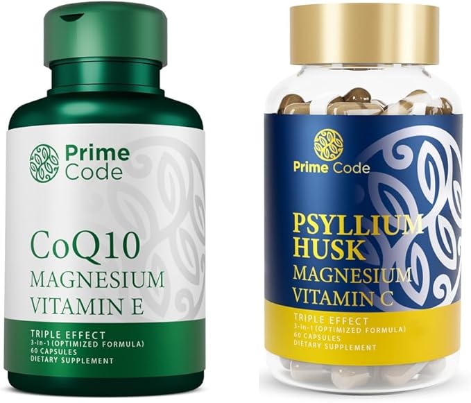 Prime Code CoQ10 250mg with Magnesium Glycinate and Vitamin E Psyllium Husk Capsules with Magnesium Citrate and Vitamin C