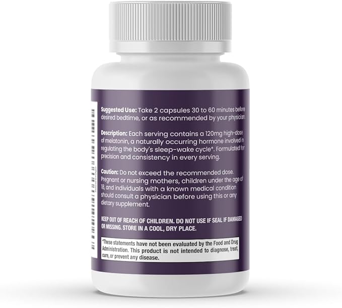 120 mg High Dosage Melatonin Supplement - Extra Strength High Potency Sleep Support Vegan Non-GMO Made in USA Easy-to-Swallow Capsules 60 Count (30 Servings)