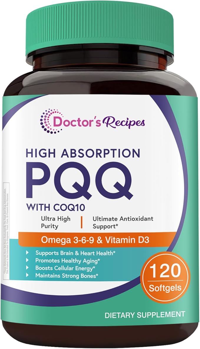 Doctor's Recipes PQQ Supplement 40 mg with CoQ10 Omega 3-6-9 Essential Fatty Acids Highly Purified and Bioavailable Brain Energy Heart Health Pyrroloquinoline Quinone Disodium Salt 120 Softgels