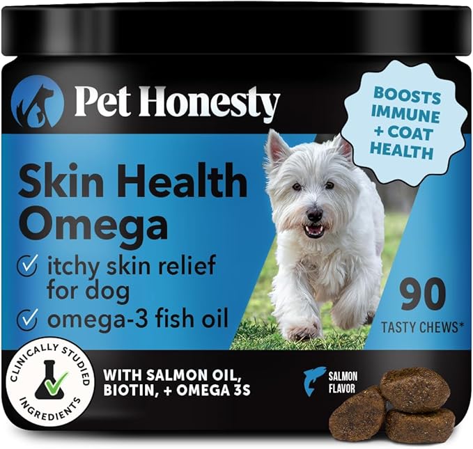 Pet Honesty Omega Skin Health Chews for Dogs Alaskan Salmon Oil Omega-3 Fish Oil Krill Spirulina Omega-3s Healthy Skin &amp Coat Itchy Skin Dog Allergies May Reduce Shedding (90 Count)