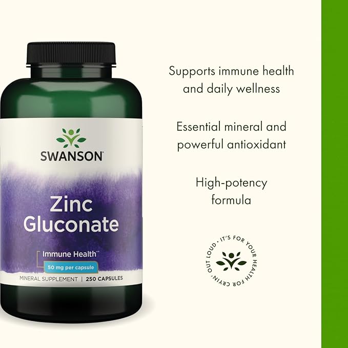 Swanson Zinc Gluconate - Mineral Supplement Promoting Prostate Health Vision Health &amp Immune Support - Gluconate Form for Optimal Absorption - (250 Capsules 50mg Each) (2 Pack)
