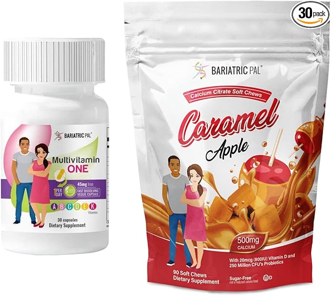 BariatricPal 30-Day Bariatric Vitamin Bundle (Multivitamin ONE 1 per Day! Capsule with 45mg Iron and Calcium Citrate Soft Chews 500mg with Probiotics - Caramel Apple)