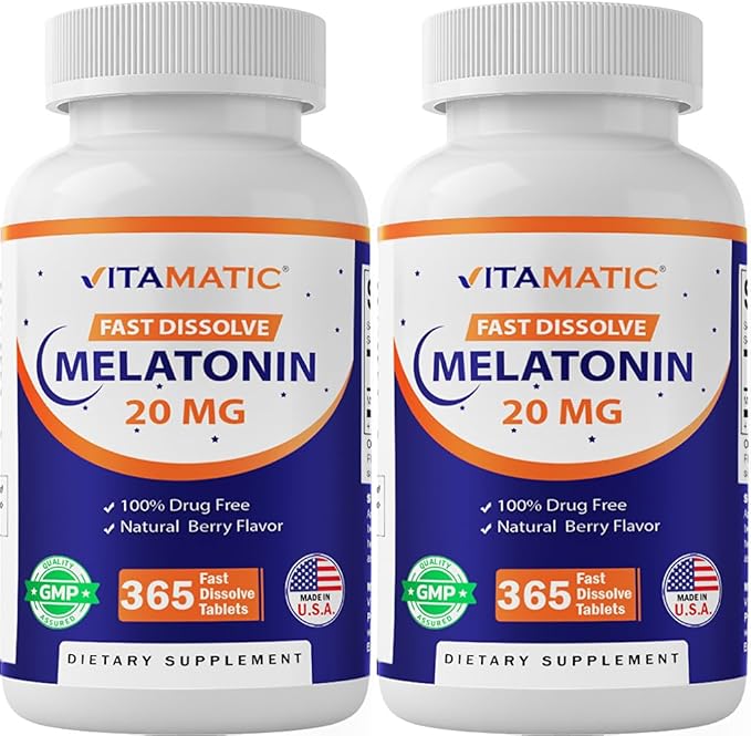 Vitamatic Melatonin 20 mg Tablets | Vegetarian Non-GMO Gluten Free | 1 Year Supply | Natural Berry Flavor - 365 Tablets - 2 Pack