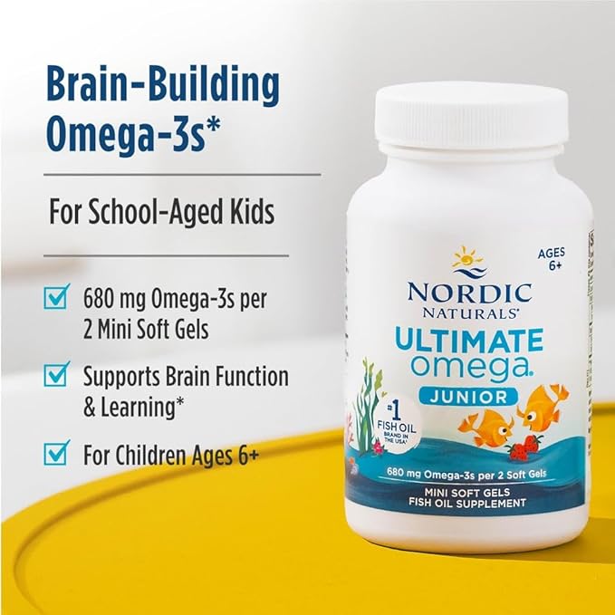 Nordic Naturals Ultimate Omega Jr. Strawberry - 120 Mini Soft Gels - 680 Total Omega-3s with EPA &amp DHA - Brain Health Mood Learning - Non-GMO - 60 Servings