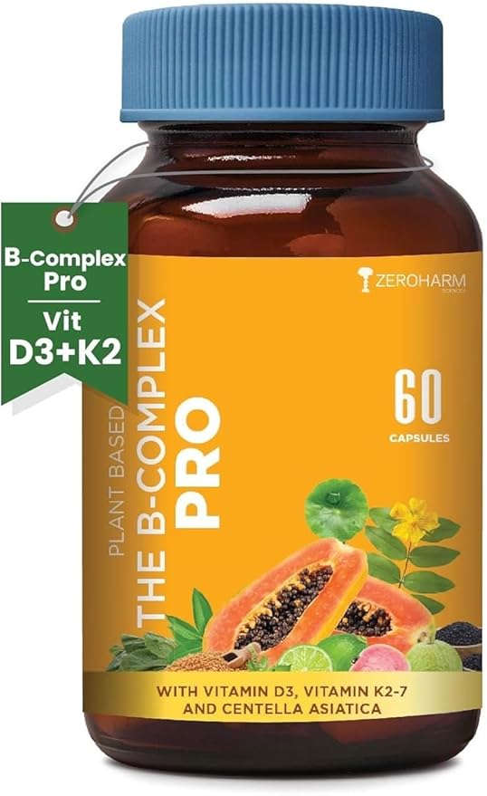 Vitamin B Complex with Vitamin D3 Vitamin K2 &amp Centella Asiatica with B1 B2 B3 B5 B6 B9 &amp Vitamin B12 |Improves Hair Skin &amp Nails | Improves Heart Health &amp Regulates Calcium | 6