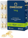 Vegan Omega 3 Supplement OMEGOR Veg - Algae Oil Omega 3 with 250mg EPA and 125mg DHA with Vitamin E - Vegan Society and IFOS Certified (60 Caps)