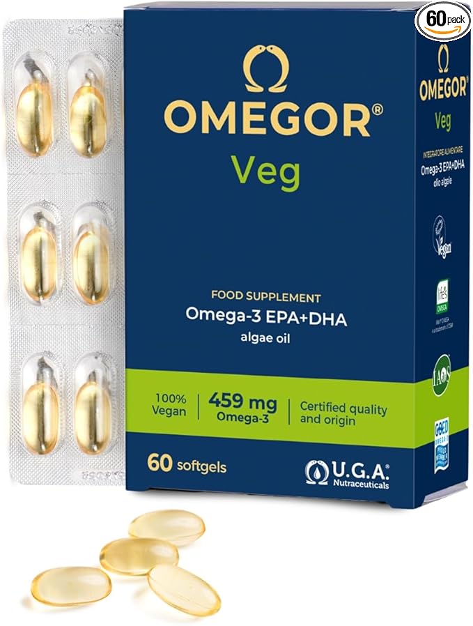 Vegan Omega 3 Supplement OMEGOR Veg - Algae Oil Omega 3 with 250mg EPA and 125mg DHA with Vitamin E - Vegan Society and IFOS Certified (60 Caps)