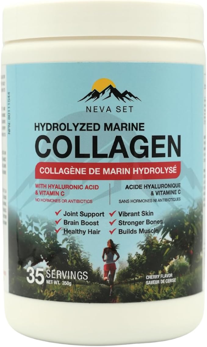 HYDROLYZED Marine Collagen with HYALURONIC Acid &amp Vitamin C – 350g/70 Scoops from NevaSet with Delicious Natural Cherry Flavour. Supports Joints Hair Skin Bones Muscles and Cognitive Functio