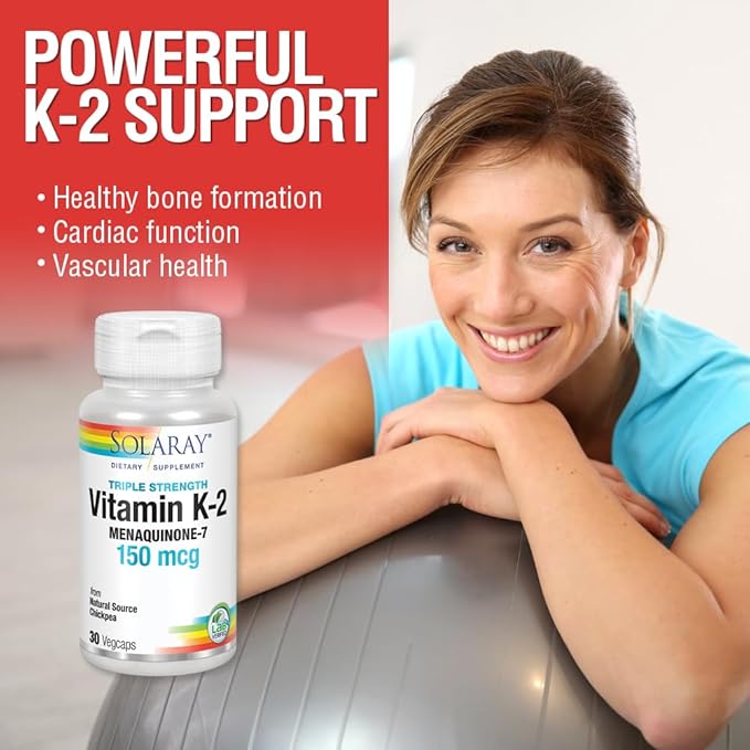 Solaray Triple Strength Vitamin K-2 as MK-7 150 mcg - Vitamin K2 MK7 Supplement for Bone Health Support Pure Vit K2 as Menaquinone for Women and Men - 30 Vegan Capsules