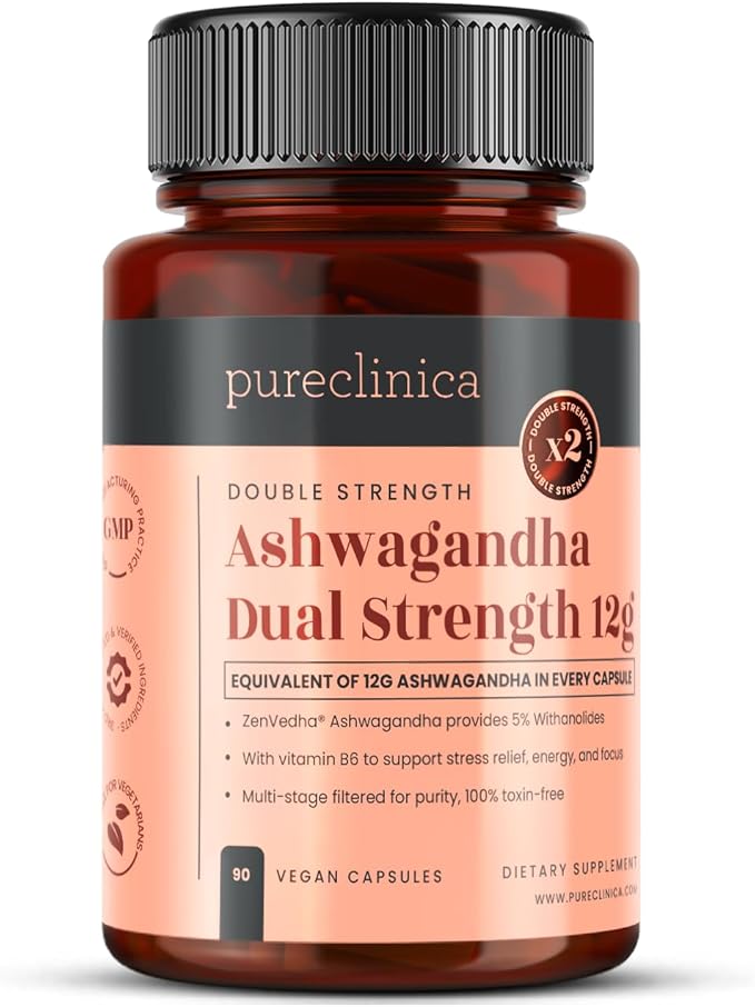 pureclinica Double Strength ZenVedha® Ashwagandha 12000mg x 90 Vegan Capsules – 5% Withanolides – with Vitamin B6 for Stress Relief Energy &amp Focus- 3 Month Supply
