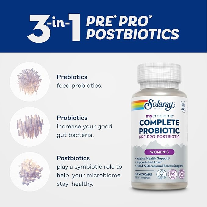 SOLARAY Mycrobiome Complete Probiotic Women’s Formula - Vaginal Probiotics for Women Plus Pre and Postbiotic - 50 Billion CFU 28 Strains - Vegan Gluten Free - 30 Serv 30 VegCaps