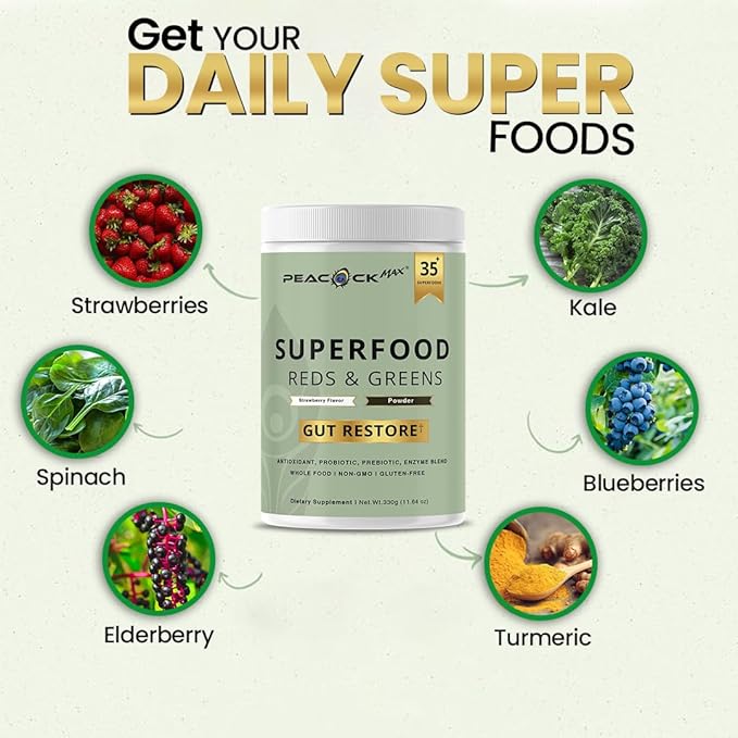 Superfood Reds &amp Greens Powder – 11.64 oz (Pack of 2) Super Greens &amp Reds Blend with Prebiotics Probiotics &amp Plant-Based Ingredients Vegan Non-GMO