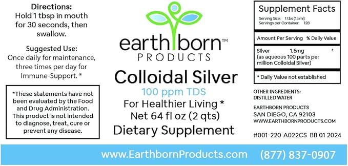 Earthborn Colloidal Silver Liquid (64oz) - 100PPM Pure Monatomic Silver Water - 99.9% Natural Nano Silver Liquid Supplement for Immune Support* Non-GMO Glass Bottle | Made in USA