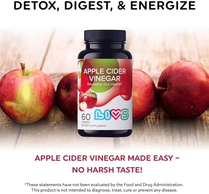 LIVS Apple Cider Vinegar Gummies | Organic Vegan ACV Supplement for Detox Gut Health Metabolism Immune Support &amp Energy – Gluten-Free Non-GMO &amp Vegan Gummies in Apple Cider Flavor – 120ct