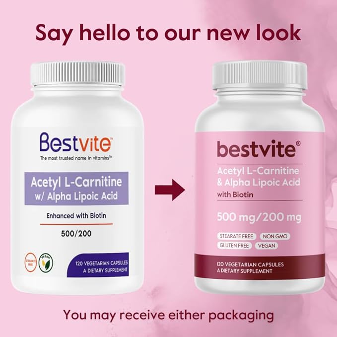 BESTVITE Acetyl L-Carnitine 500mg &amp Alpha Lipoic Acid 200mg per Capsule with Biotin (120 Vegetarian Capsules) - No Stearates - Vegan - Non GMO - Gluten Free