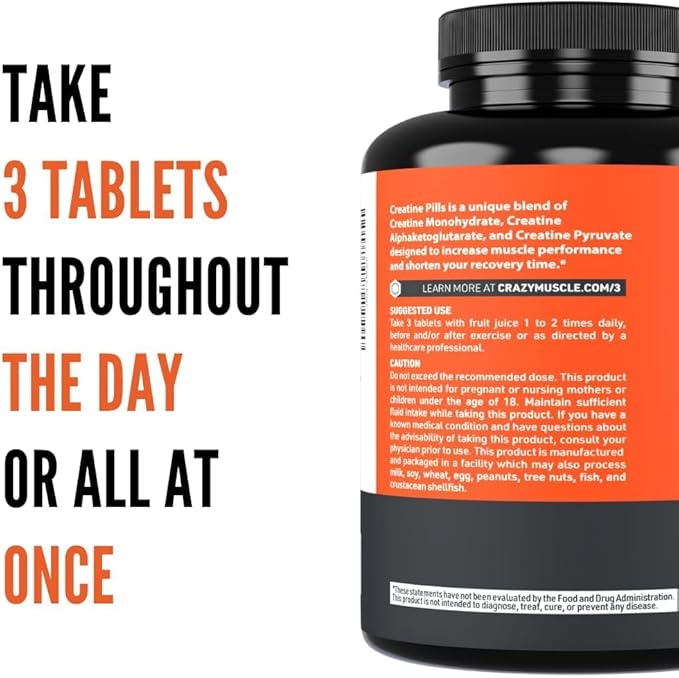 Crazy Muscle Creatine Pills 5g 3X Pure Creatine Monohydrate Pre Workout Muscle Mass Gainer High Absorption ThreeAtine Performance Men Women Tablets - 30 servings
