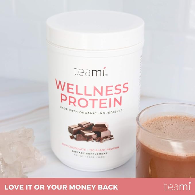 Teami Wellness Vegan Protein Powder - Organic Ingredients (14 Servings 13.6 Ounce) Smooth Textured Chocolate Plant Based Protein Powder Low Net Carbs Non-GMO Dairy Free Soy Free No Sugar Added