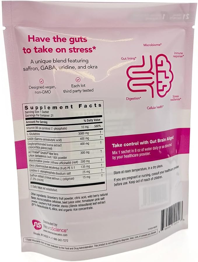 Neuroscience Gut Brain Align Powder - L-Glutamine Powder for Gut Health and Stress Support - Glutamine GABA Saffron DGL Aloe and Uridine (21 Sachets)
