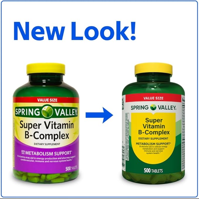 Spring Valley Super Vitamin B-Complex Dietary Supplement Tablets for Metabolism Support 500 Tablets + Dipaze Gift (Container)