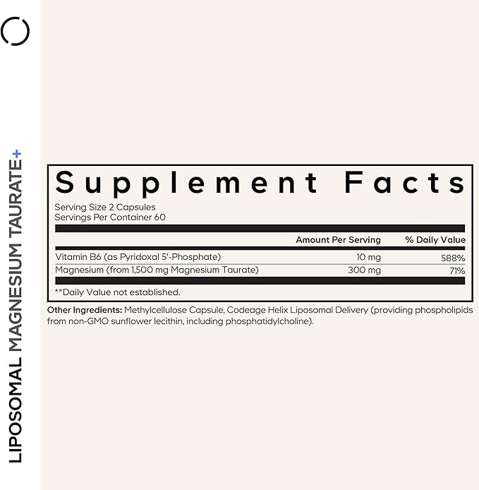 Codeage Liposomal Magnesium Taurate+ Supplement - Magnesium Taurate Vitamin B6 as Pyridoxal 5-Phosphate 2-Month Supply - Liposomal Delivery Vegan Non-GMO Gluten-Free 120 Capsules