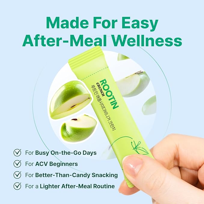 ROOTIN Apple Cider Vinegar Crunch 43% ACV Powder Sweet Chewable After-Meal Freshness Snack Waterless Portable Stick Packs Low Calorie Wellness Supplement 20 Sticks (1.2 oz)