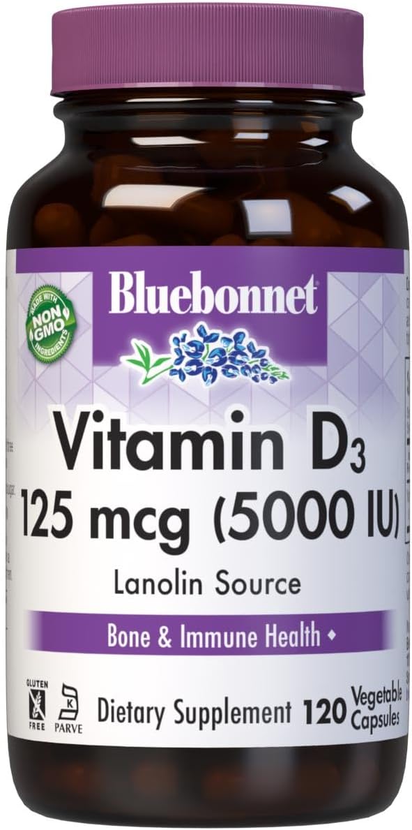 Bluebonnet Vitamin D3 5000 IU 125 mcg - Strong Bones &amp Immune Support Supplement for Women &amp Men* Soy-Free Gluten-Free Non-GMO Vegetarian - Highly Absorbable Vitamin D - 120 Veggie Capsules