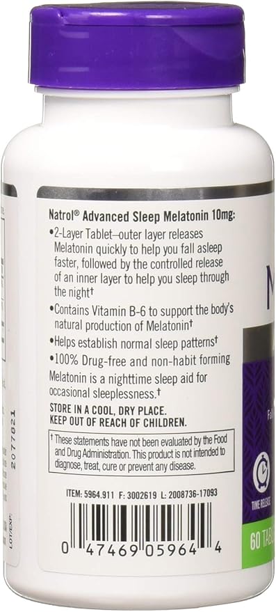 Natrol Advanced Sleep Melatonin Tablets Maximum Strength 10 mg 60 ea (Pack of 8)