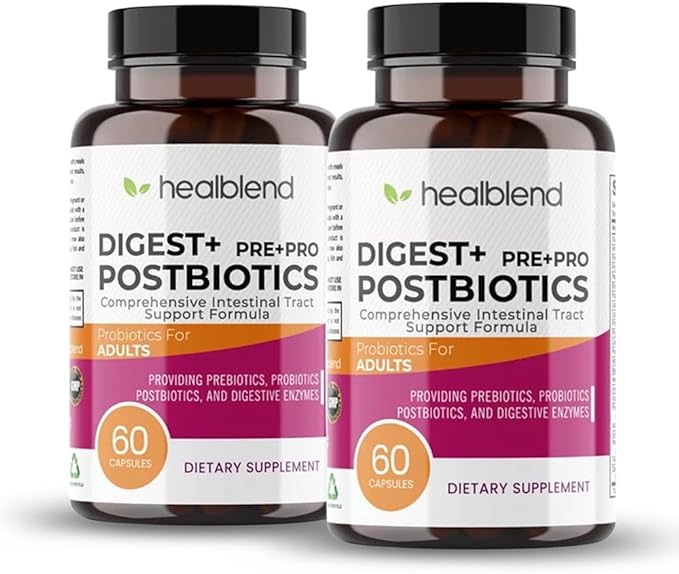 Digest + Postbiotics Supplement for Women and Men Multi Enzymes Organic Prebiotic &amp Probiotic for Digestive Health with Bromeline Papin and Lipase Non-GMO Gluten-Free 60 Vegetarian Caps (2)