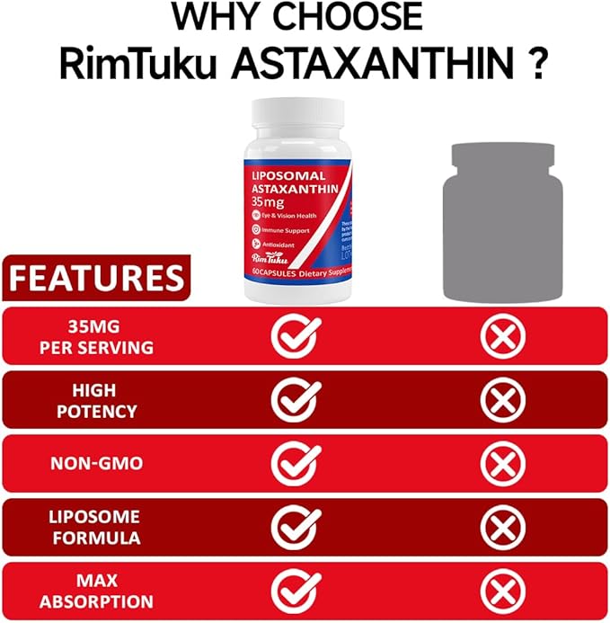 35mg Liposomal Astaxanthin Supplement - Powerful Antioxidant Support for Skin Joint &amp Eye Health - Natural Anti-Aging Formula with Pure Astaxanthin - Vegan Non-GMO 240 Capsules