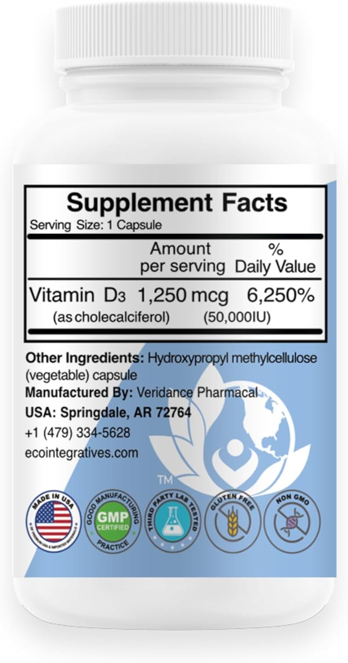 EcoIntegratives Vitamin D3-50000 IU Cholecalciferol Helps Maintain Healthy Bones &amp Teeth Bone Density Muscles Cardiovascular Neuromuscular Immune Support Non-GMO Allergy Free 90 Capsules