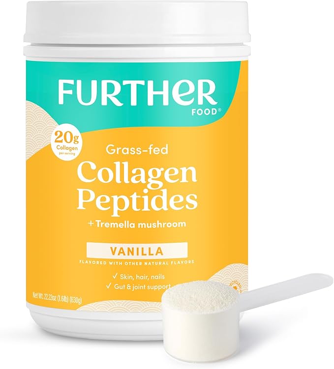 Further Food Vanilla Collagen Peptides Powder with Tremella Mushroom – 100% Grass-Fed Hydrolyzed Type 1 &amp 3 20g of Collagen per Serving Supports Skin Hair Nails &amp Joints 22.22 Oz